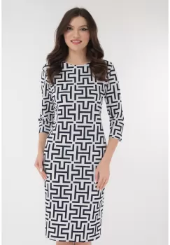 Rochie alba cu print geometric bleumarin imagine