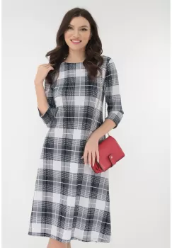 Rochie alba evazata cu print in carouri bleumarin imagine