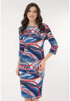 Rochie albastra cu print abstract rosu-gri imagine