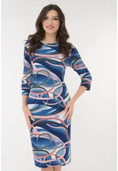 Rochie albastra cu print abstract roz-gri imagine
