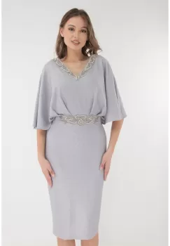 Rochie argintie de ocazie cu strasuri in talie si la decolteu imagine