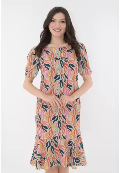 Rochie bej cu print abstract multicolor cu maneci bufante si volanas la tiv imagine