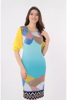 Rochie bleu cu print geometric si maneci galbene imagine