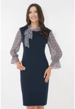 Rochie bleumarin cu maneci si esarfa din voal bleumarin cu flori albe imagine