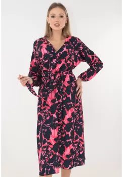 Rochie bleumarin cu print floral roz si decolteu parte peste parte imagine
