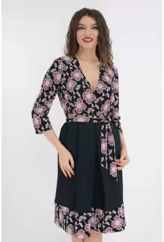 Rochie bleumarin cu print floral si pliuri imagine