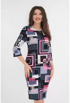 Rochie bleumarin cu print geometric roz-mov imagine