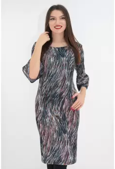 Rochie bleumarin cu print multicolor si maneci cu volane imagine
