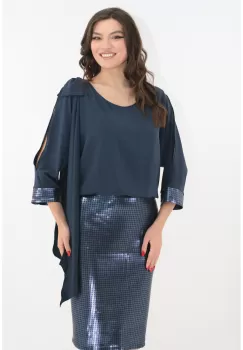 Rochie bleumarin de ocazie cu voal si paiete imagine