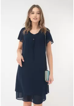 Rochie bleumarin din voaluri suprapuse cu snur la decolteu imagine