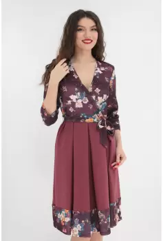 Rochie bordo cu print floral si pliuri imagine