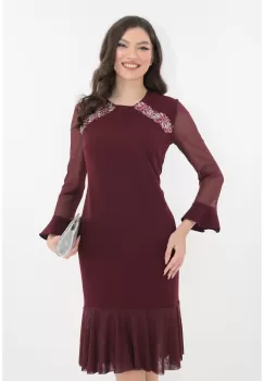 Rochie bordo de ocazie cu broderie si maneci din tull imagine