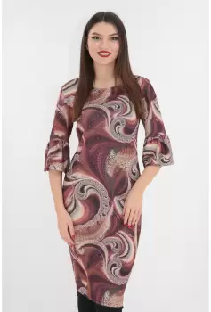 Rochie caramizie cu print abstract si maneci cu volane imagine