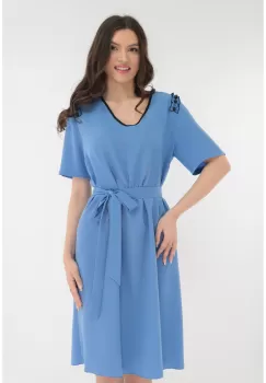 Rochie casual bleu cu volane si perle pe umeri imagine