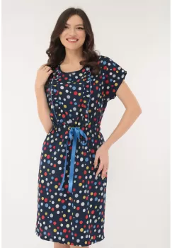 Rochie casual bleumarin cu buline imprimate si fundita satinata in talie imagine