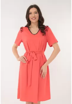 Rochie casual corai cu volane si perle pe umeri imagine