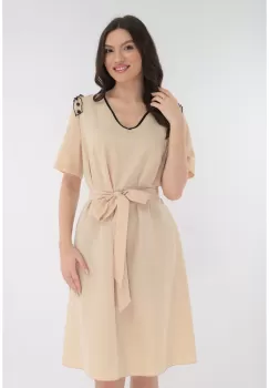 Rochie casual crem cu volane si perle pe umeri imagine