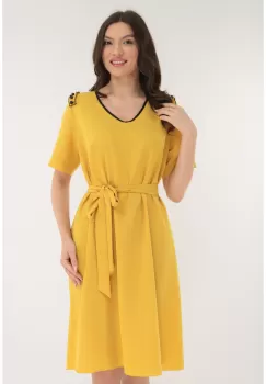 Rochie casual galbena cu volane si perle pe umeri imagine