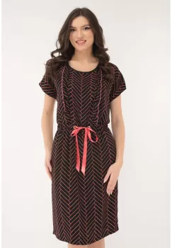 Rochie casual neagra cu print geometric si fundita satinata in talie imagine