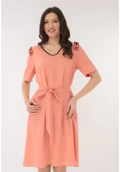 Rochie casual roz cu volane si perle pe umeri imagine