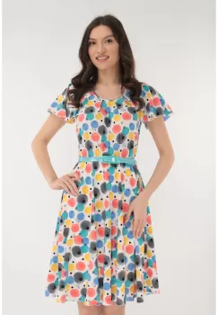 Rochie clos alba cu buline multicolore si curea turcoaz imagine
