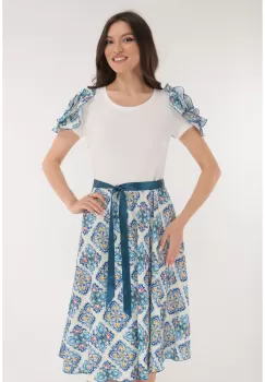 Rochie clos alba cu imprimeu abstract albastru imagine