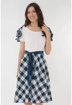 Rochie clos alba cu imprimeu in carouri bleumarin imagine