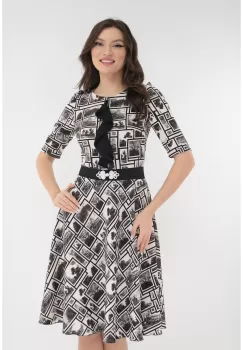 Rochie clos alba cu print abstract negru imagine