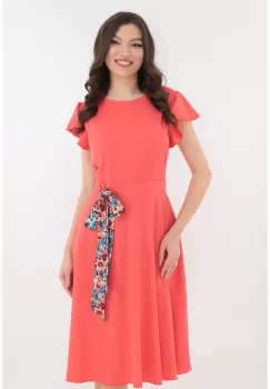 Rochie clos corai cu cordon multicolor in talie imagine