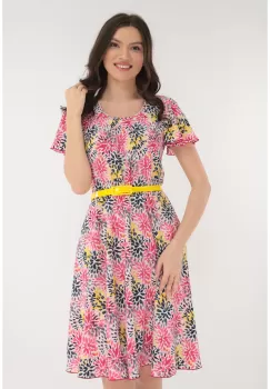 Rochie clos cu print floral galben-roz si curea galbena imagine