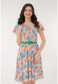 Rochie clos cu print floral multicolor si curea verde imagine