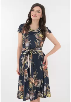 Rochie clos din satin bleumarin cu print floral imagine