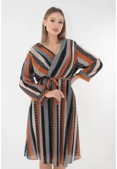 Rochie clos din voal cu print in dungi caramizii-negre imagine