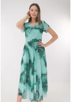 Rochie clos din voal vernil cu print abstract si decolteu suprapus imagine