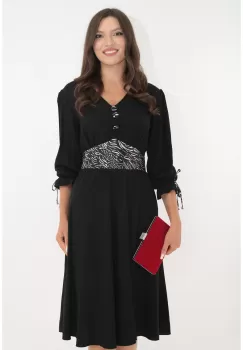 Rochie clos neagra cu cordon din satin imprimat imagine