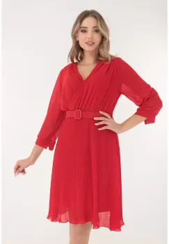 Rochie clos rosie cu fusta plisata si curea in talie imagine