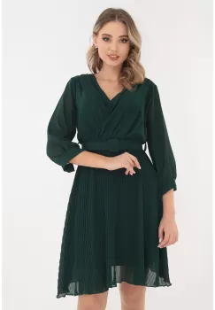 Rochie clos verde-smarald cu fusta plisata si curea in talie imagine