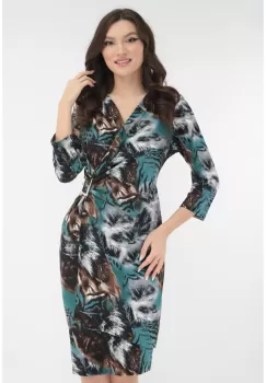 Rochie cocktail cu print abstract maro-turcoaz si accesoriu in talie imagine