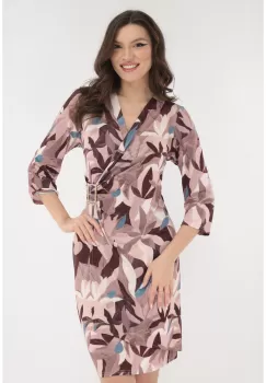 Rochie cocktail cu print floral maro-roz si accesoriu in talie imagine