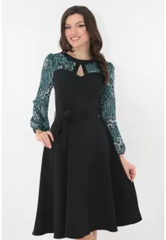 Rochie cocktail neagra cu maneci din voal si cordon in talie imagine
