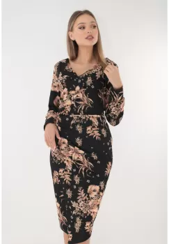 Rochie cocktail neagra cu print floral bej imagine