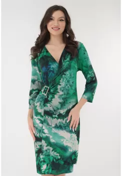 Rochie cocktail verde cu print abstract si accesoriu in talie imagine