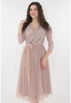 Rochie crem de ocazie din dantela cu glitter si tull imagine