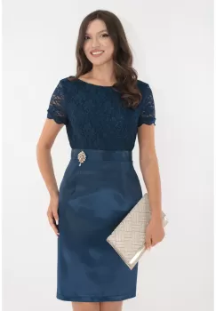 Rochie de ocazie din dantela si satin bleumarin imagine