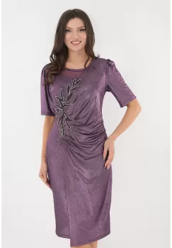 Rochie de ocazie lila cu pliuri asimetrice si broderie in talie imagine