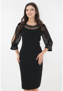 Rochie de ocazie neagra cu strasuri la decolteu si maneci imagine