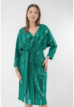 Rochie de ocazie verde-smarald cu paiete si decolteu suprapus imagine