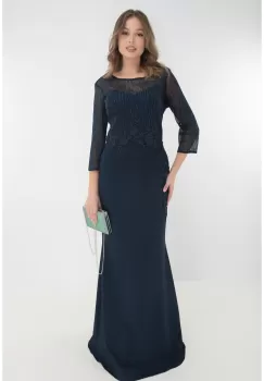 Rochie de seara bleumarin cu strasuri si broderie imagine