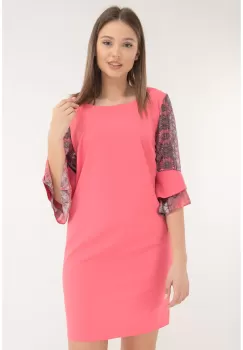 Rochie din stofa corai cu maneci din voal cu print floral imagine