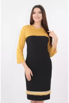 Rochie din stofa elastica neagra cu dantela mustar imagine